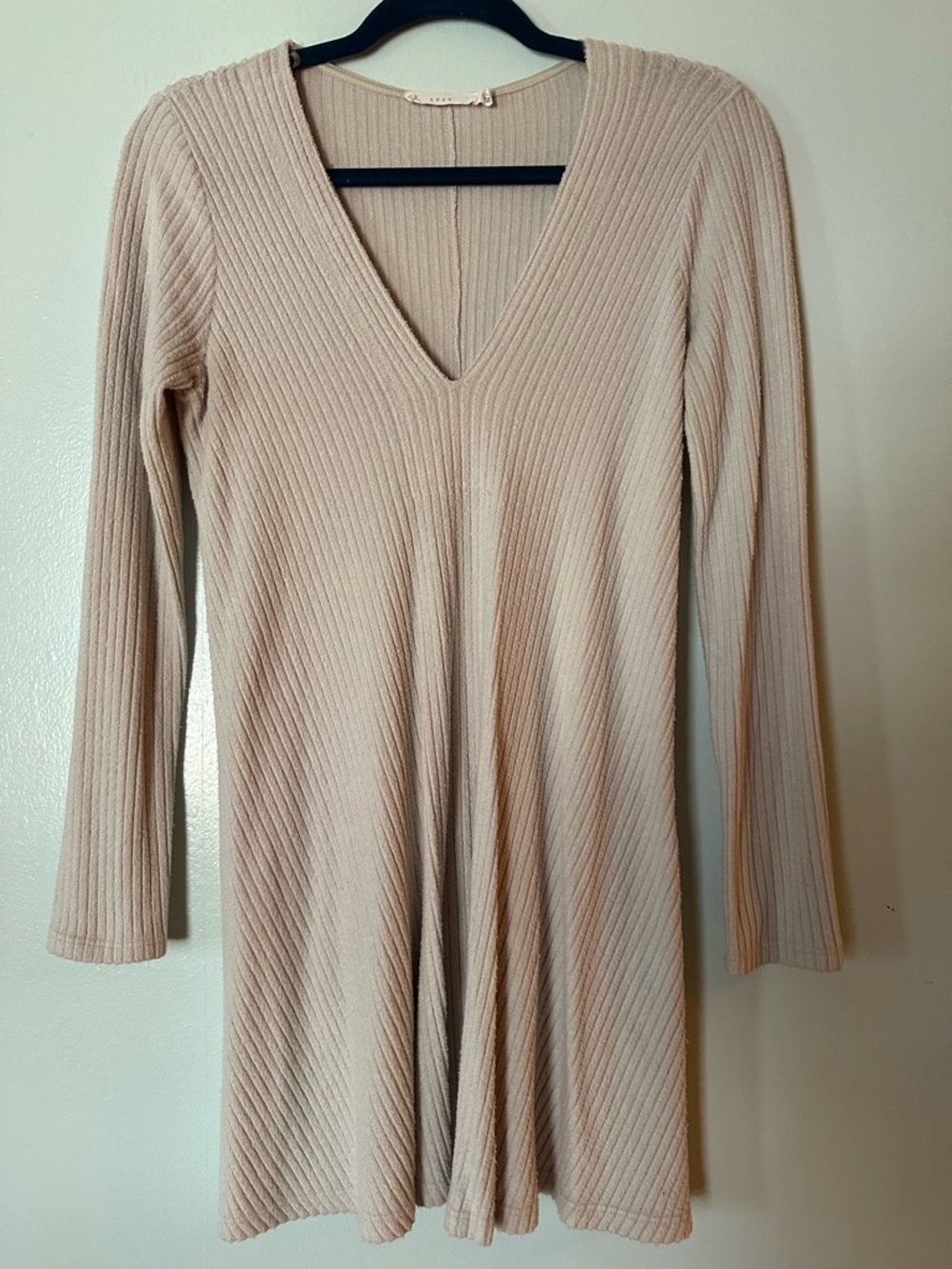 Beige Ribbed V-Neck Long Sleeve Women's Dress